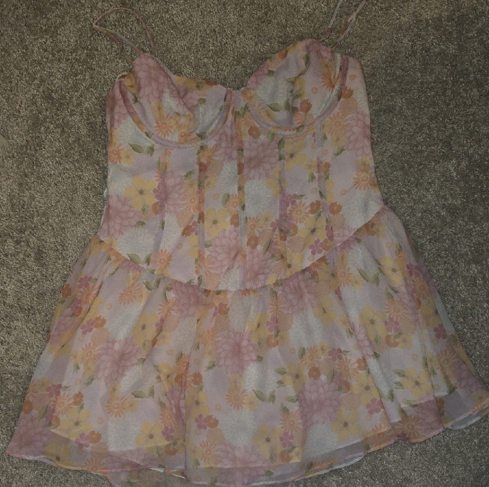 For Love And Lemons Pink and Yellow Ruffled Tiered Babydoll Dress